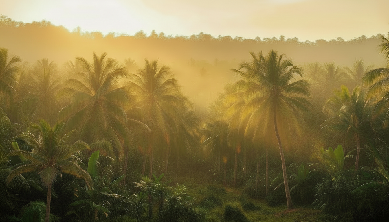 Lush coconut farm at golden hour